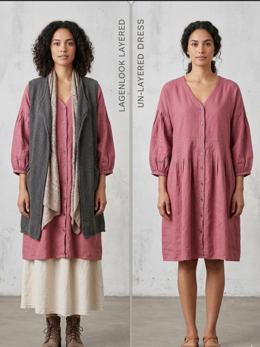 Gudrun Sjoden Pink Cotton Wool Button Front Dress Tunic V-Neck Lagenlook M